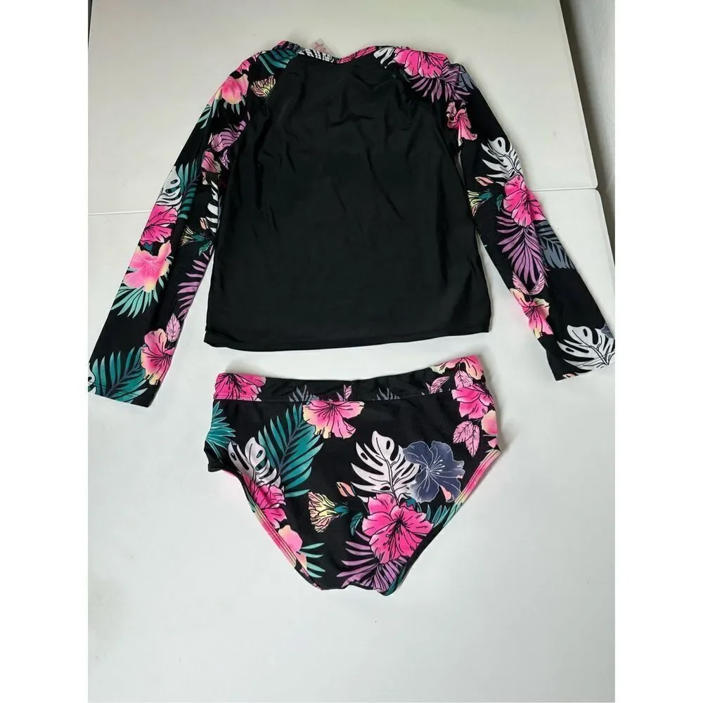 Justice Girl Rash Guard SET 2 pc Black Floral  Swimsuit UPF 50+ Sz16-18(XL)
